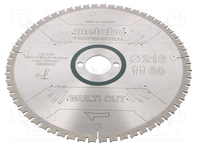 Circular saw; Ø: 216mm; Øhole: 30mm; W: 2.4mm; Teeth: 60; Mat: HW/CT