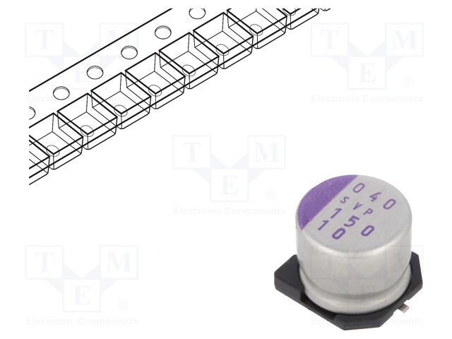 Polymer Aluminium Electrolytic Capacitor, OS-CON, 150 µF, 10 V, Radial Can - SMD, OS-CON SVP Series