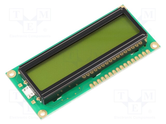 Display: LCD; alphanumeric; STN Positive; 16x1; yellow-green; LED