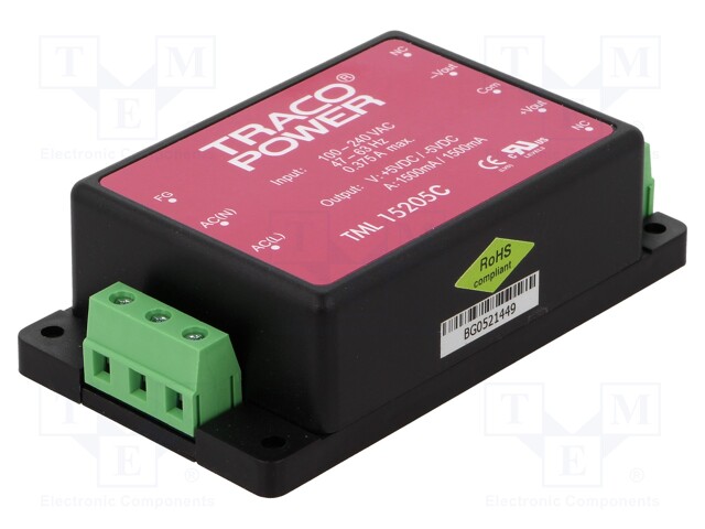 Power supply: switched-mode; 15W; 5VDC; 27.6x54x96mm; -5VDC; 1.5A