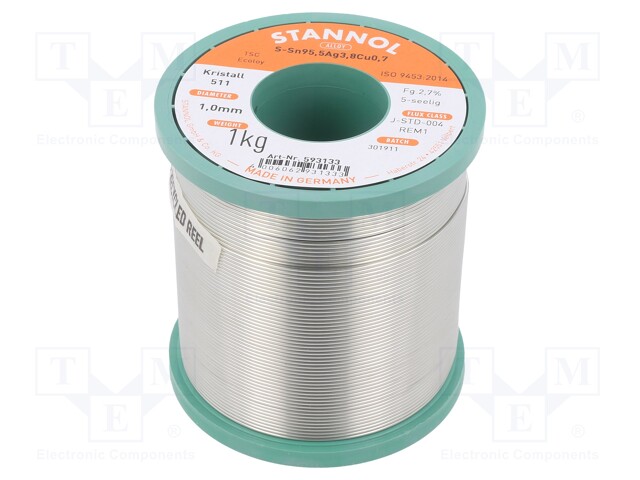 Soldering wire; Sn95Ag4Cu1; 1mm; 1kg; lead free; Package: reel