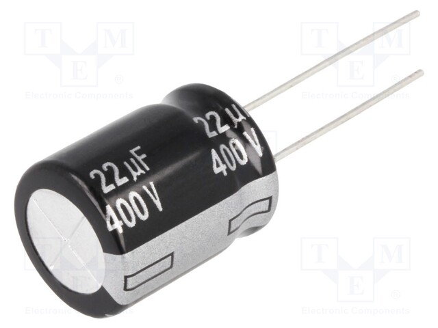 Capacitor: electrolytic; THT; 22uF; 400VDC; Ø16x20mm; Pitch: 7.5mm