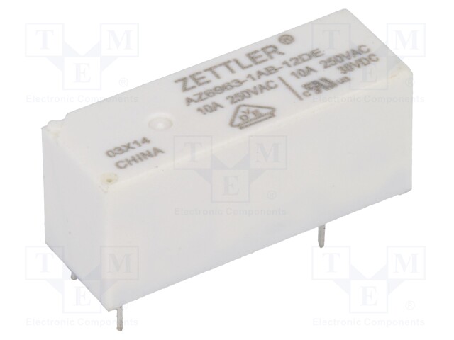 Relay: electromagnetic; SPST-NO; Ucoil: 12VDC; 10A/250VAC; 10A