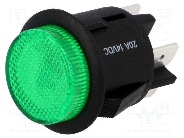Switch: push-button; Pos: 2; DPST-NO; 20A/12VDC; green; green; 50mΩ