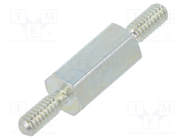 Screwed spacer sleeve; 8mm; Ext.thread: M2; hexagonal; steel; zinc