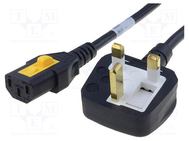 Cable; BS 1363 (G) plug,IEC C13 female; 2m; with locking; black