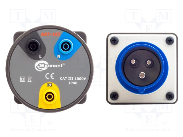 Single-phase adapter; 16A; banana socket x3,CEE plug x3; IP40