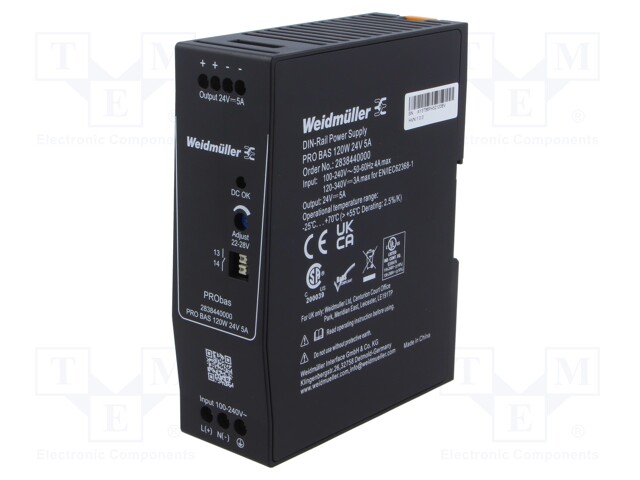Power supply: switched-mode; for DIN rail; 120W; 24VDC; 5A; 490g