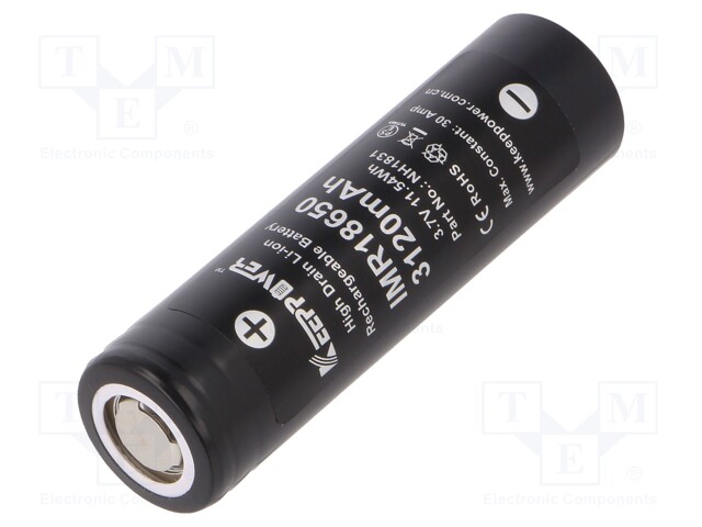 Re-battery: Li-Ion; 18650,MR18650; 3.7V; 3120mAh; Ø18.5x66mm; 30A