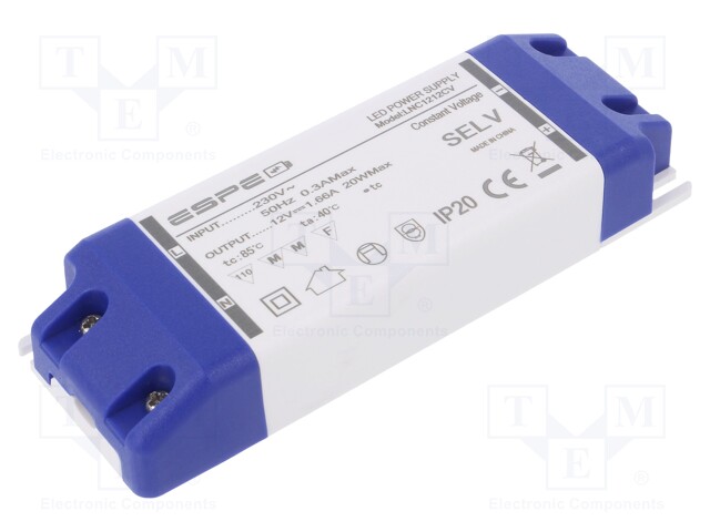 Power supply: switched-mode; LED; 20W; 12VDC; 1.66A; 220÷240VAC