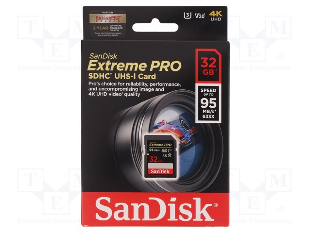 Memory card; Extreme Pro; SD HC; 32GB; Read: 95MB/s; Write: 90MB/s