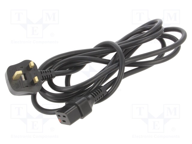 Cable; BS 1363 (G) plug,IEC C19 female; 3m; black; 16A; 250V; IP20