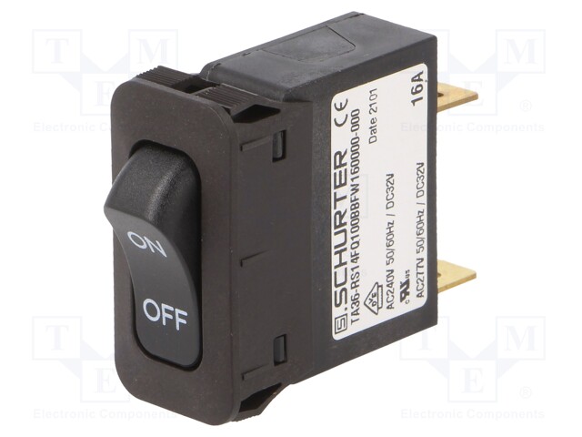 Circuit breaker; Urated: 240VAC; 32VDC; 16A; SPST; 34x14.5mm; 19g