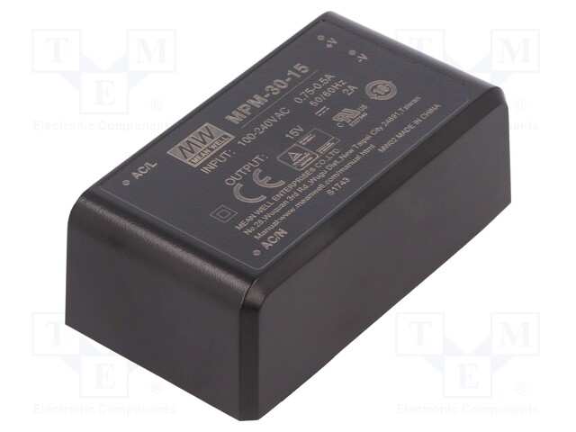 Power supply: switched-mode; modular; 30W; 15VDC; 69.5x39x24mm; 2A