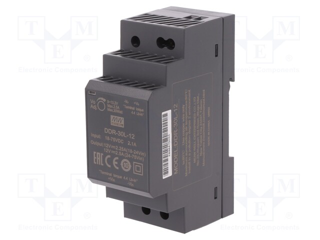 Power supply: DC/DC; 30W; 12VDC; 2.5A; 18÷75VDC; Mounting: DIN; 120g