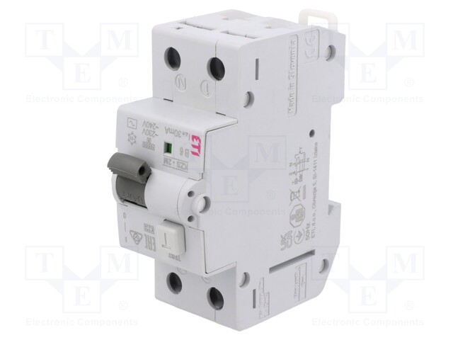 RCBO breaker; Inom: 6A; Ires: 30mA; Poles: 2; 230/400VAC; DIN; IP20