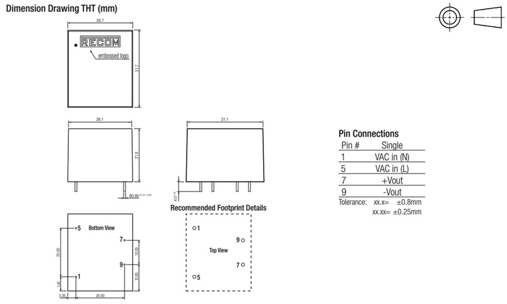 Converter: AC/DC; 5W; Uout: 15VDC; Iout: 330mA; 83%; Mounting: PCB