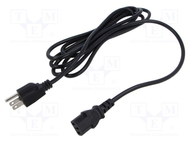 Cable; 3x18AWG; IEC C13 female,NEMA 5-15 (B) plug; 3m; black; 10A