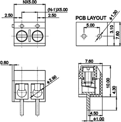 PCB terminal block; angled 90°; 5mm; ways: 8; on PCBs; 1.5mm2; blue