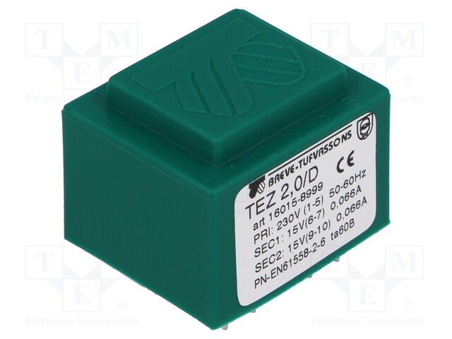 Transformer: encapsulated; 2VA; 230VAC; 15V; 15V; 66.6mA; 66.6mA