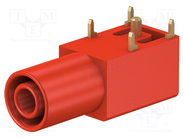 Socket; 4mm banana; 24A; 33mm; red; gold-plated; PCB,on panel