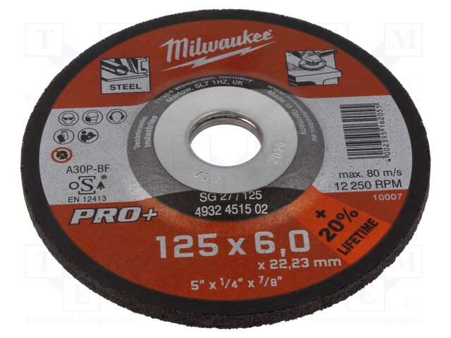 Grinding wheel; Ø: 125mm; Øhole: 22.2mm; Disc thick: 6mm; steel