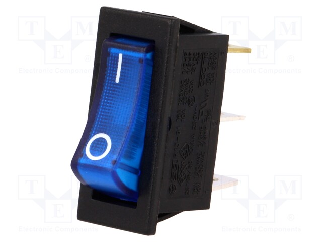 ROCKER; SPST; Pos: 2; OFF-ON; 10A/250VAC; blue; neon lamp 250V; 50mΩ