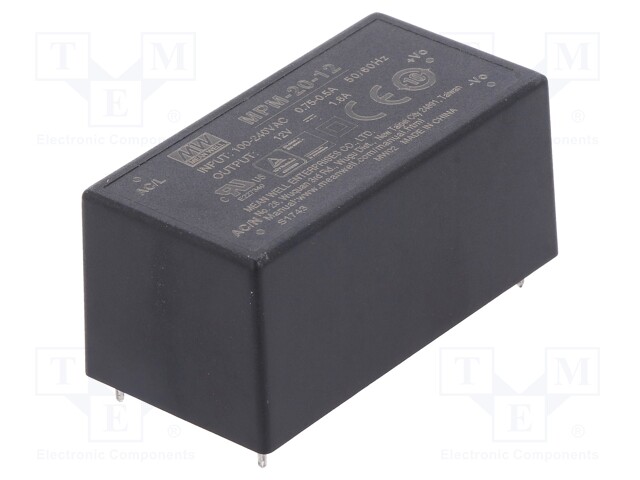 Power supply: switched-mode; modular; 20W; 12VDC; 52.4x27.2x24mm