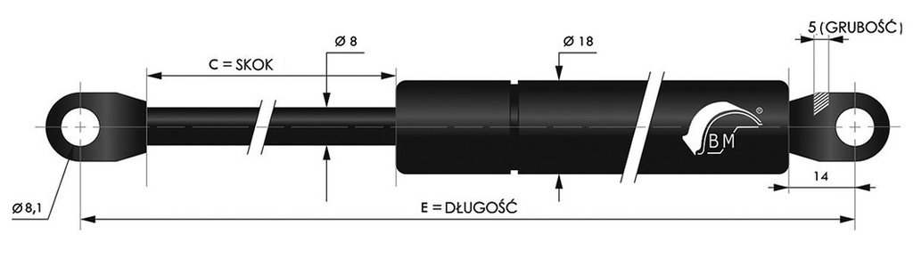 Gas spring; E: 105mm; Features: with welded steel eyes; Øout: 18mm