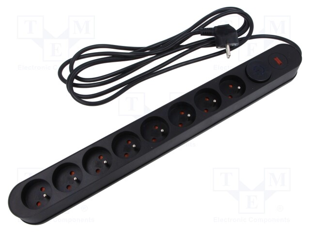 Plug socket strip: protective; Sockets: 8; 230VAC; 10A; black; 1.5m