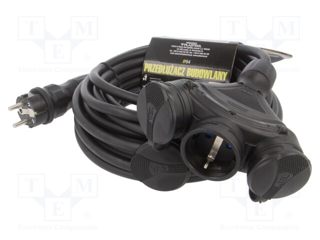 Extension lead; Sockets: 3; rubber; black; 3x1,5mm2; 10m; 16A