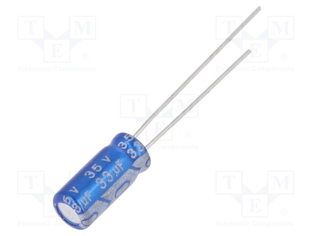 Capacitor: electrolytic; THT; 33uF; 35VDC; Ø5x11mm; Pitch: 2mm; ±20%