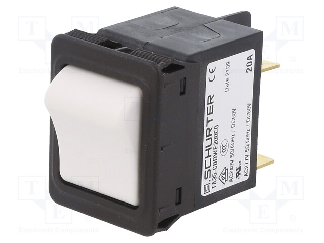 Circuit breaker; Urated: 240VAC; 60VDC; 20A; DPST; Poles: 2; SNAP-IN