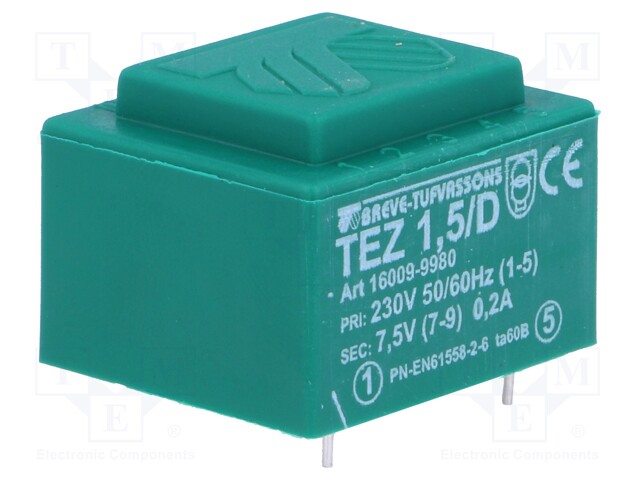 Transformer: encapsulated; 1.5VA; 230VAC; 7.5V; 200mA; IP00; 70g