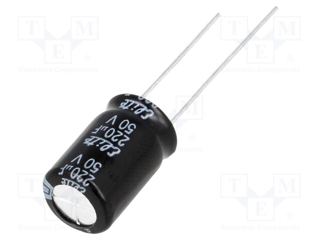 Capacitor: electrolytic; THT; 220uF; 50VDC; Ø10x16mm; Pitch: 5mm