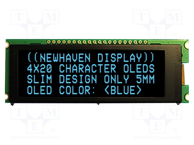 Display: OLED; alphanumeric; 20x4; Dim: 92x31.5x6.5mm; blue; PIN: 20