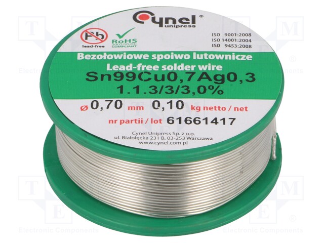 Soldering wire; Sn99Ag0,3Cu0,7; 700um; 100g; lead free; 216÷227°C