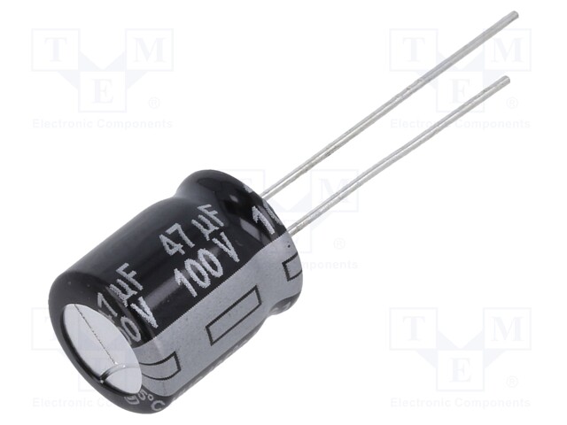 Capacitor: electrolytic; THT; 47uF; 100VDC; Ø10x12.5mm; Pitch: 5mm