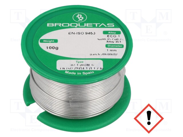 Soldering wire; Sn99,3Cu0,7; 1mm; 0.1kg; lead free; Package: reel