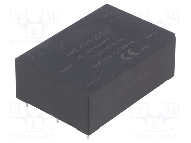 Converter: AC/DC; 20W; Uout: 15VDC; Iout: 1.3A; 83%; Mounting: PCB