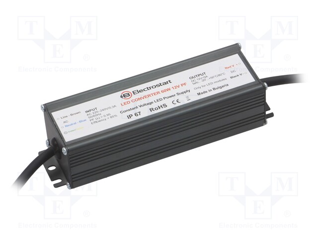 Power supply: switched-mode; 60W; 12VDC; 5A; 180÷295VAC; IP67; 89%