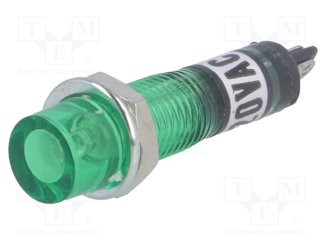 Indicator: with FLUO neon lamp; recessed; green; 230VAC; plastic