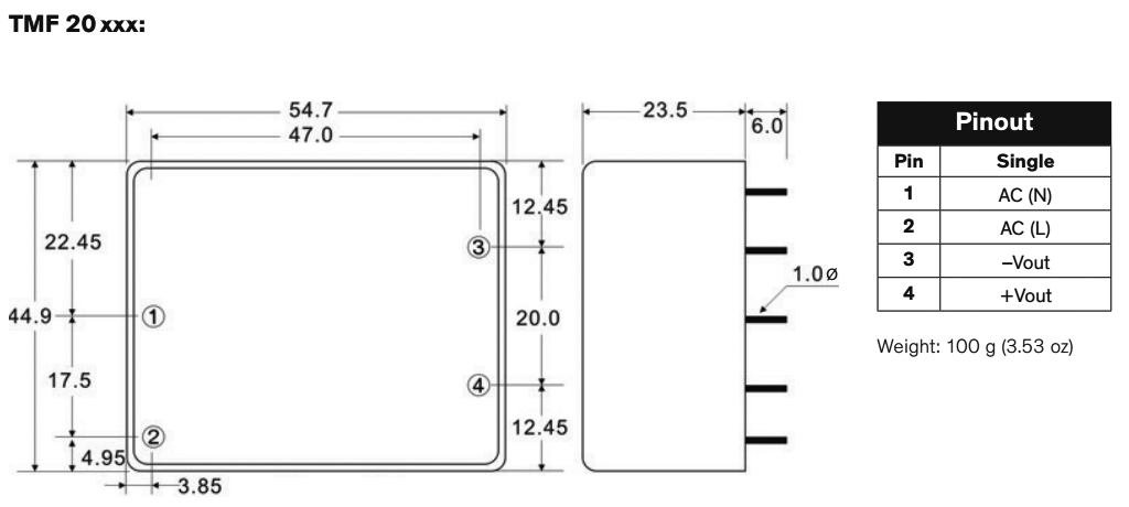 Converter: AC/DC; 20W; Uout: 15VDC; Iout: 1333mA; 84%; Mounting: PCB