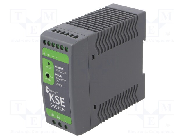 Power supply: switched-mode; 60W; 12VDC; 5A; 90÷264VAC; DIN; IP20