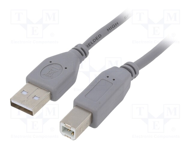 Cable; USB 2.0; USB A plug,USB B plug; gold-plated; 1.8m; grey