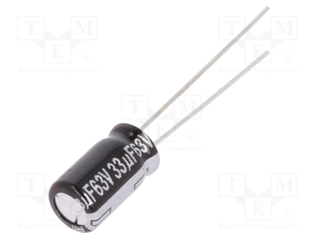 Capacitor: electrolytic; THT; 33uF; 63VDC; Ø6.3x11.2mm; ±20%; 5000h