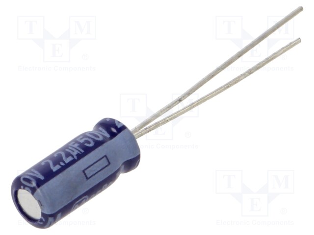 Capacitor: electrolytic; THT; 2.2uF; 50VDC; Ø5x11mm; Pitch: 2mm