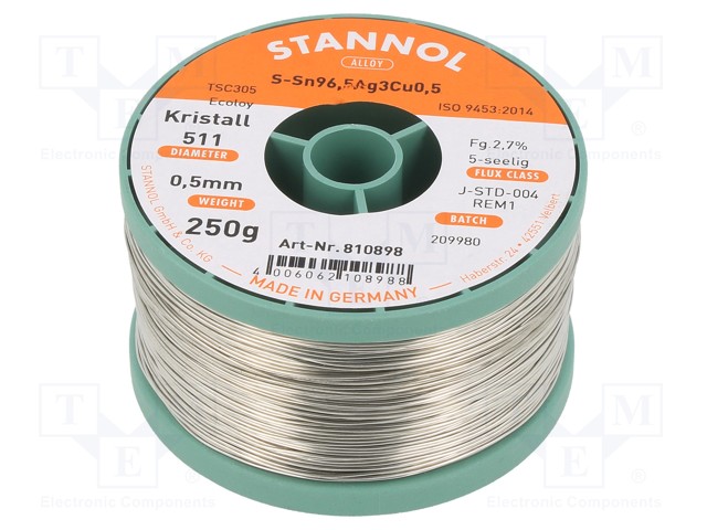 Soldering wire; Sn96Ag3Cu1; 0.5mm; 0.25kg; lead free; 217÷220°C