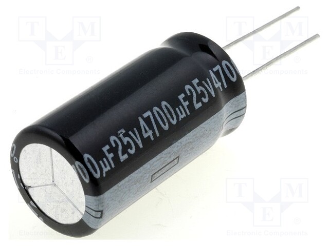 Capacitor: electrolytic; THT; 4700uF; 25VDC; Ø16x30mm; Pitch: 7.5mm