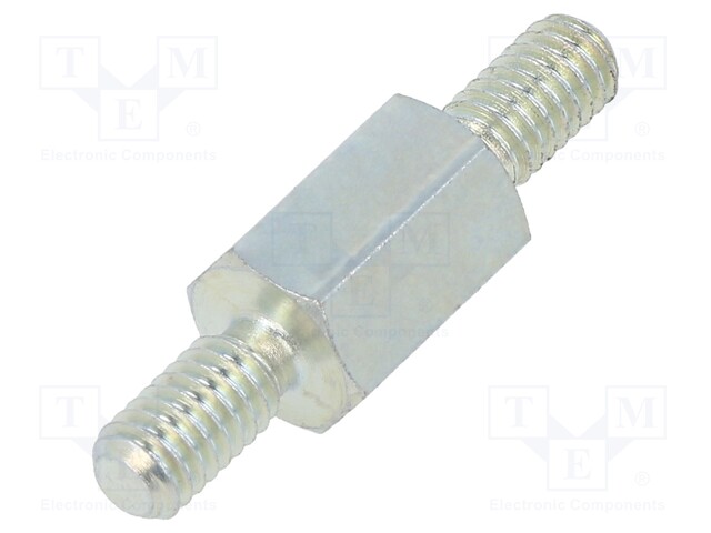 Screwed spacer sleeve; 8mm; Ext.thread: M4; hexagonal; steel; zinc